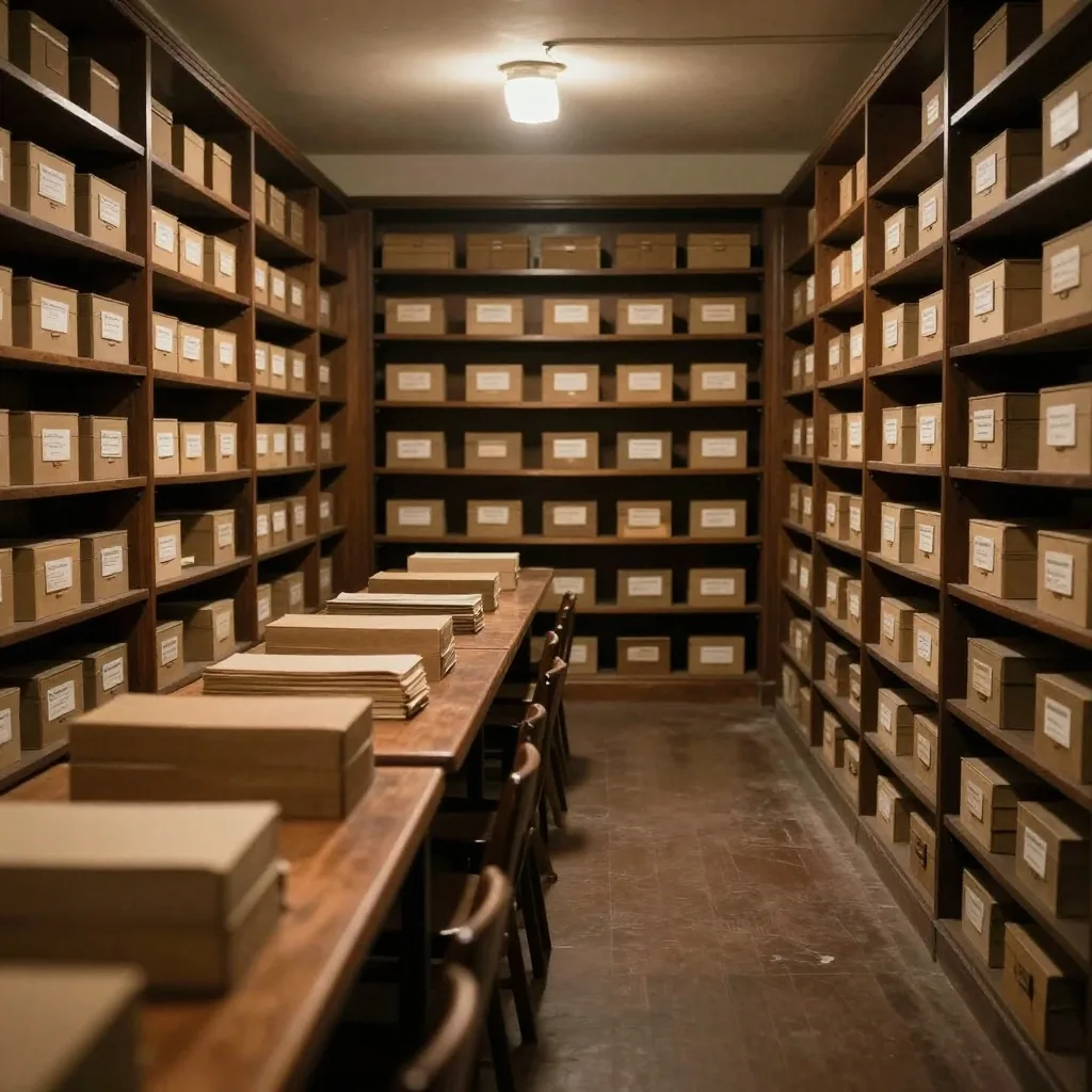 Sala de lectura de un archivo histórico con cajas de documentos