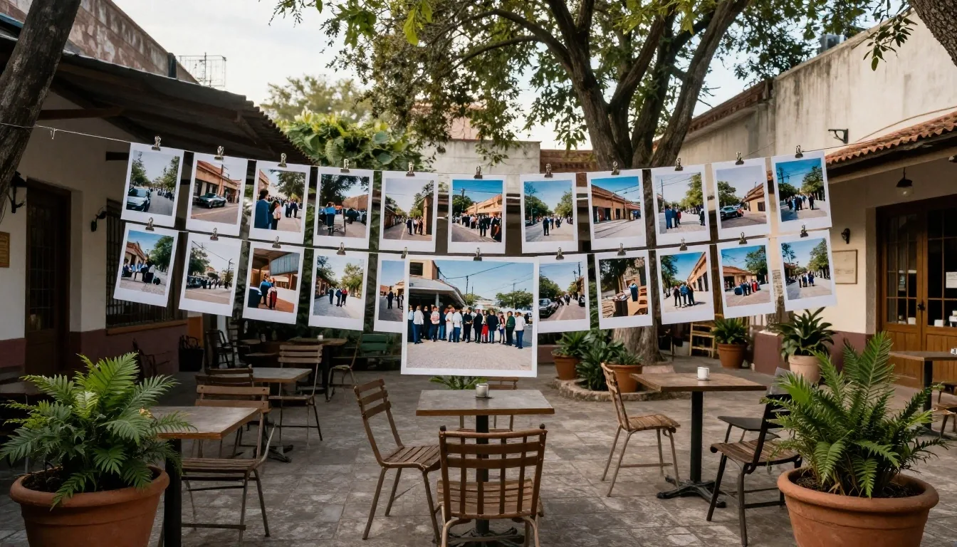 Vecinos miran copias de fotos barriales en el patio de un club