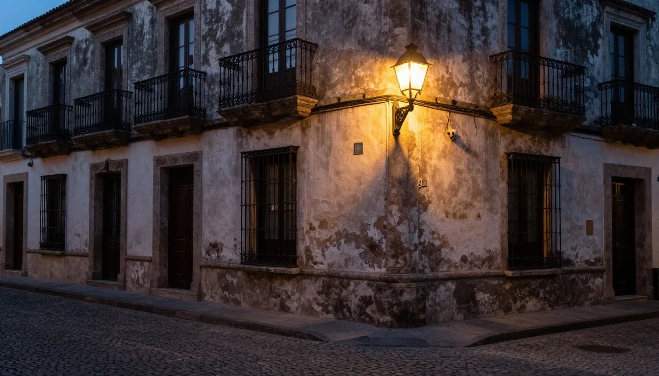 Calle de San Telmo al atardecer con faroles encendidos