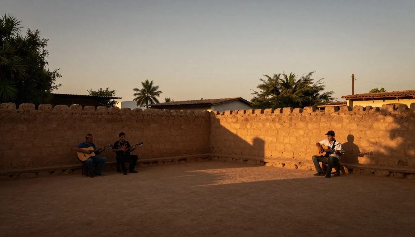 Patio de fiesta en Corrientes al atardecer con músicos de chamamé