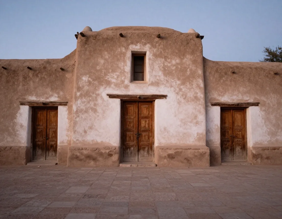 Puerta de capilla de adobe con cartel de horarios en el noroeste argentino