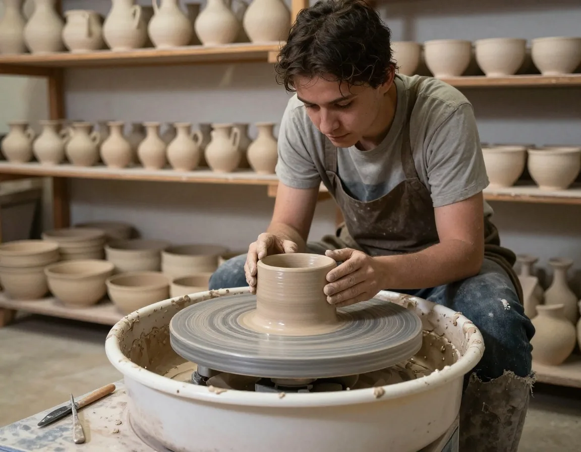 Manos de alfarera trabajando el barro en su taller