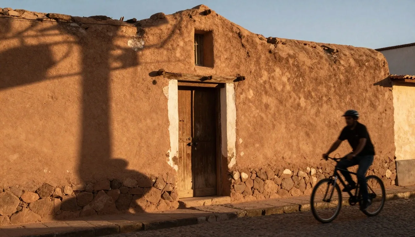 Puerta de capilla de adobe al atardecer en un barrio argentino