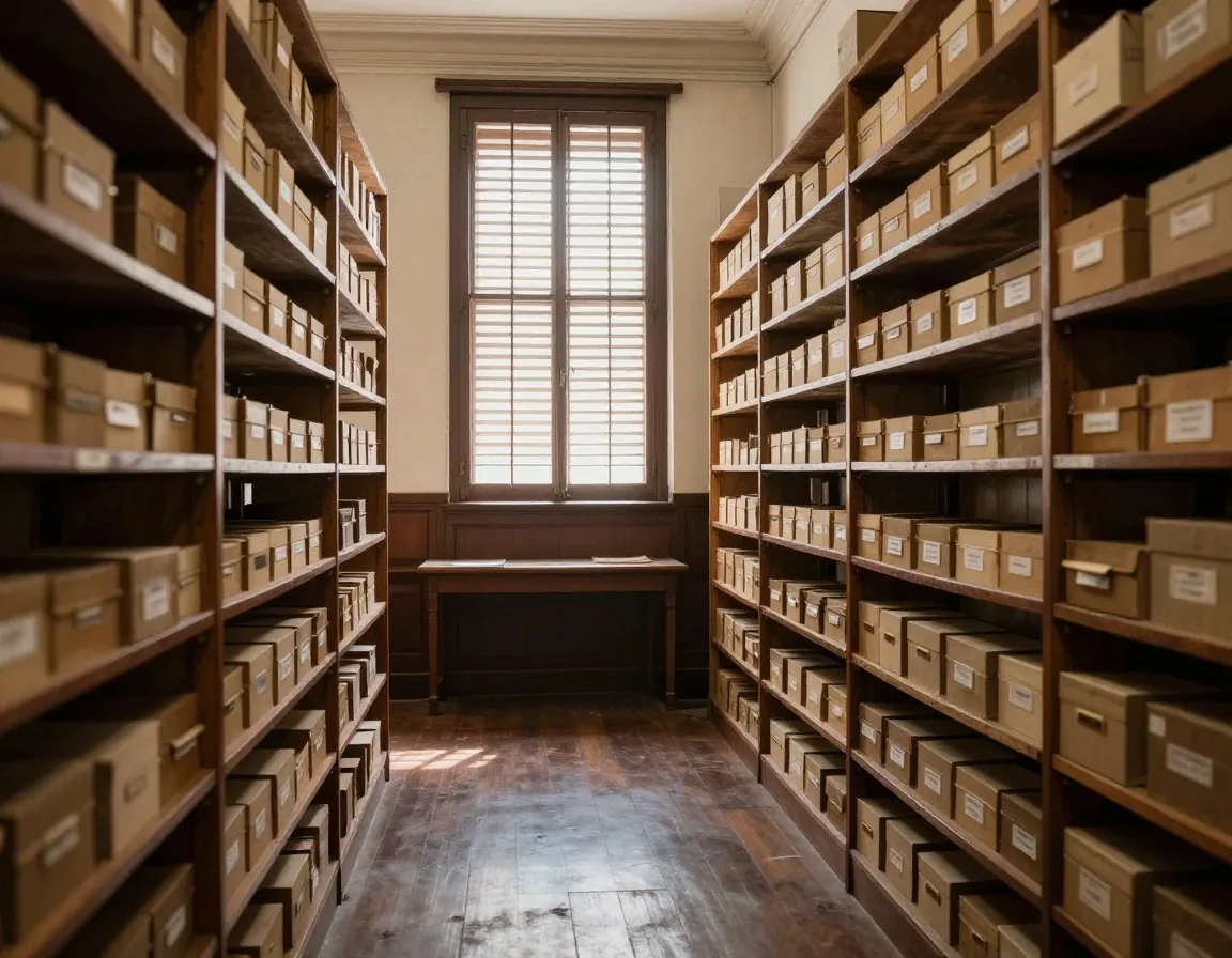 Manos con guantes sosteniendo un negativo de vidrio sobre una mesa de archivo