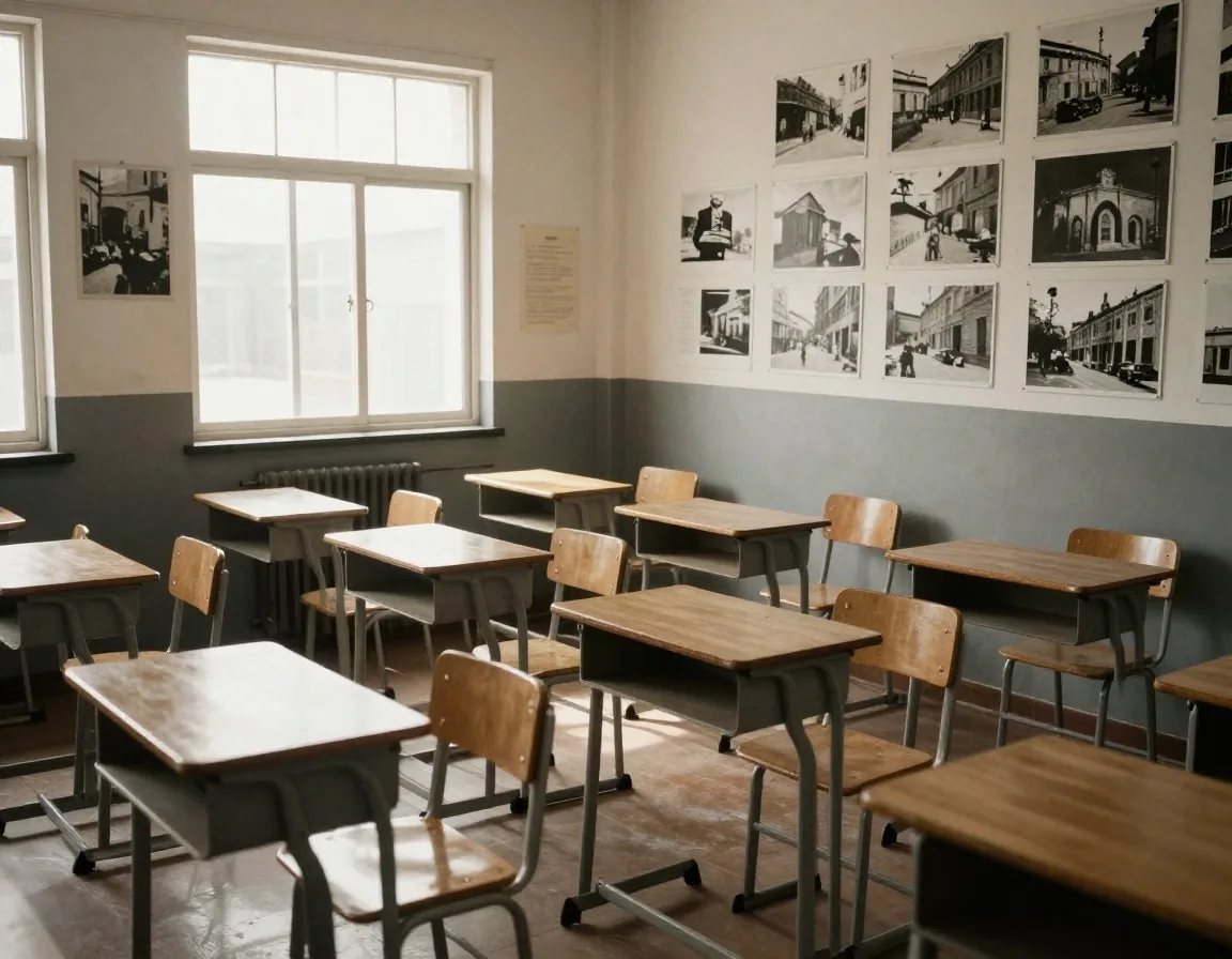 Docente mostrando fotos antiguas del barrio a niños en el aula