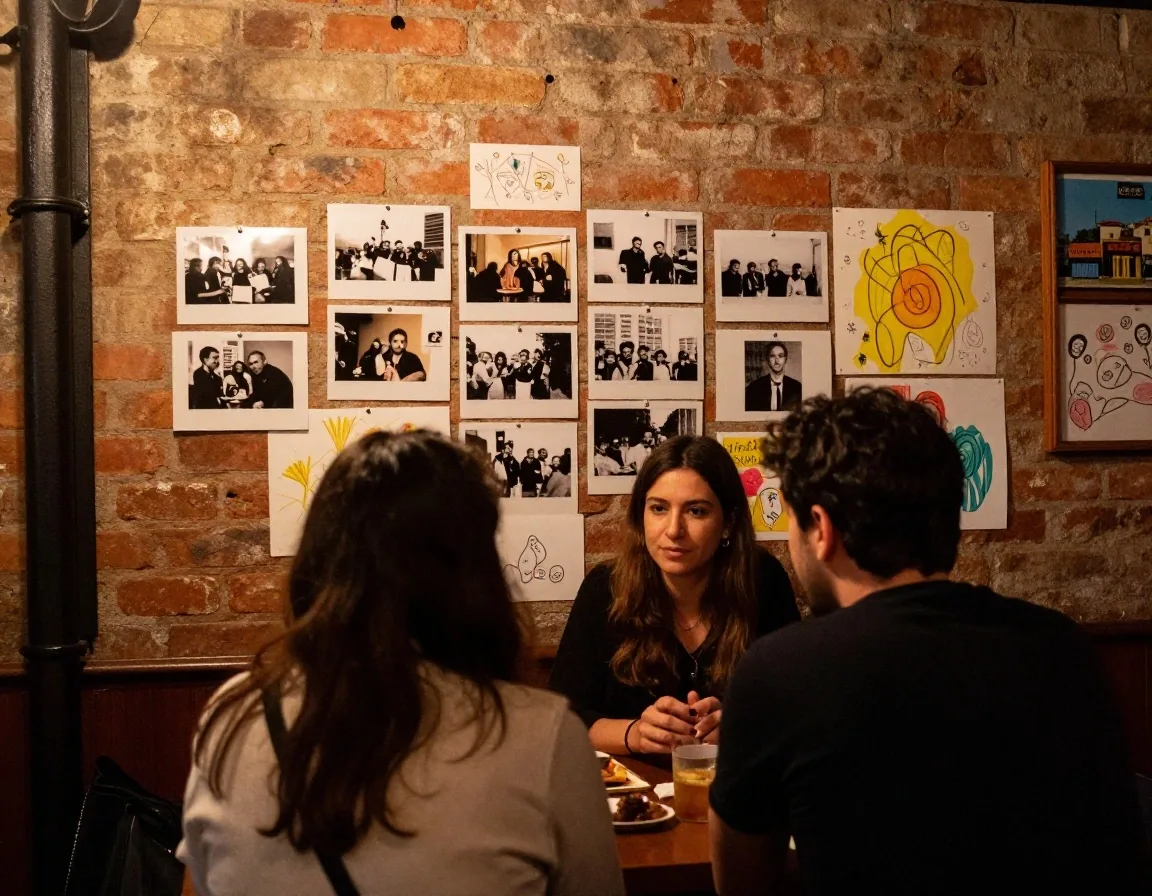 Muestra abierta de un taller barrial con fotos y dibujos en la pared