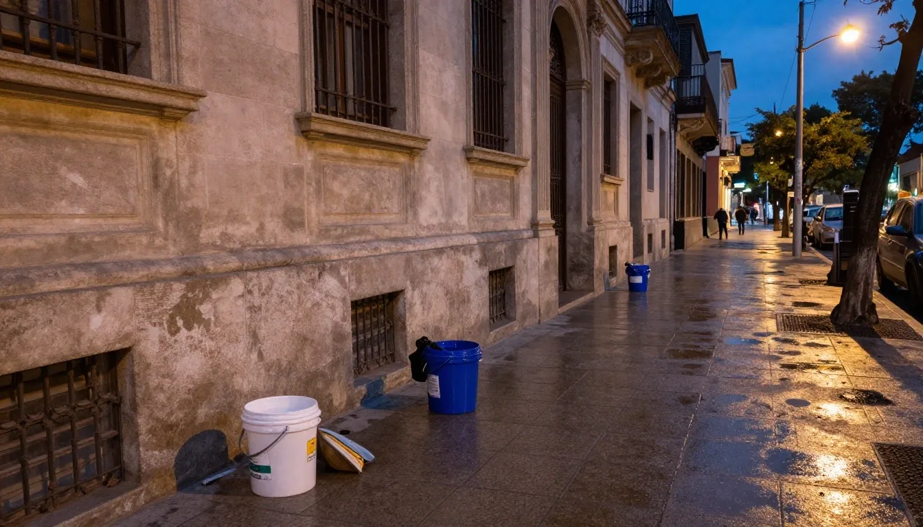 Vecinos limpiando placas históricas en una calle de Chacarita al atardecer