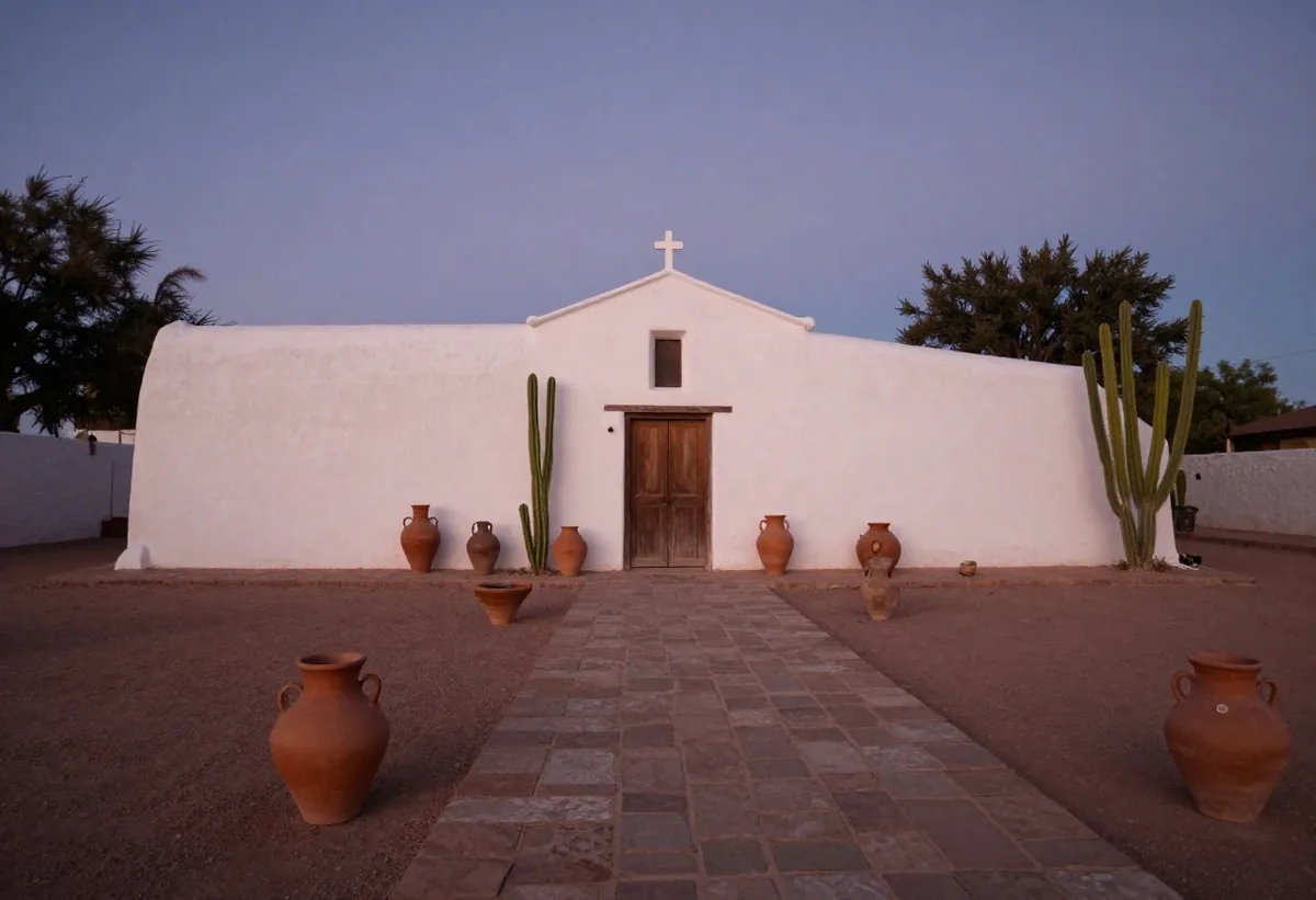 Puerta de capilla de adobe en Jujuy con luz cálida