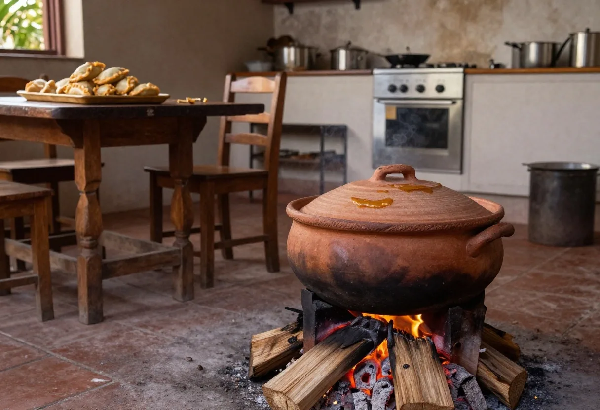 Cocina familiar de locro en olla de barro