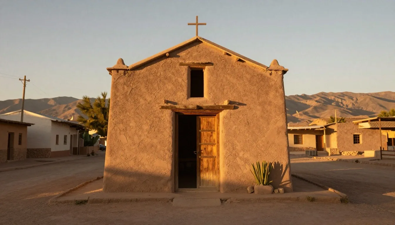 Capilla de adobe en Purmamarca al atardecer