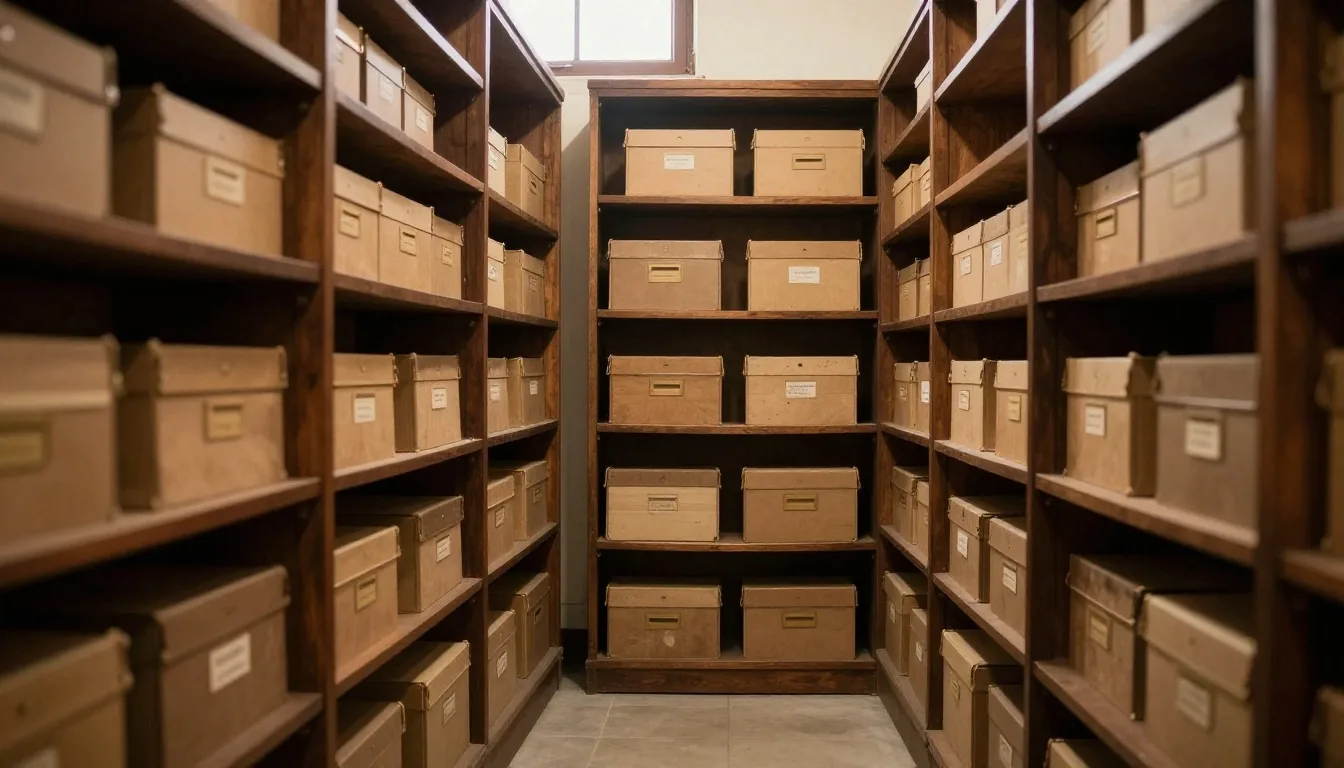 Manos de archivo sosteniendo negativos de vidrio sobre mesa de madera