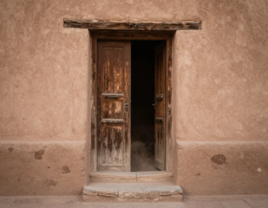 Guía con visitantes frente a capilla de adobe