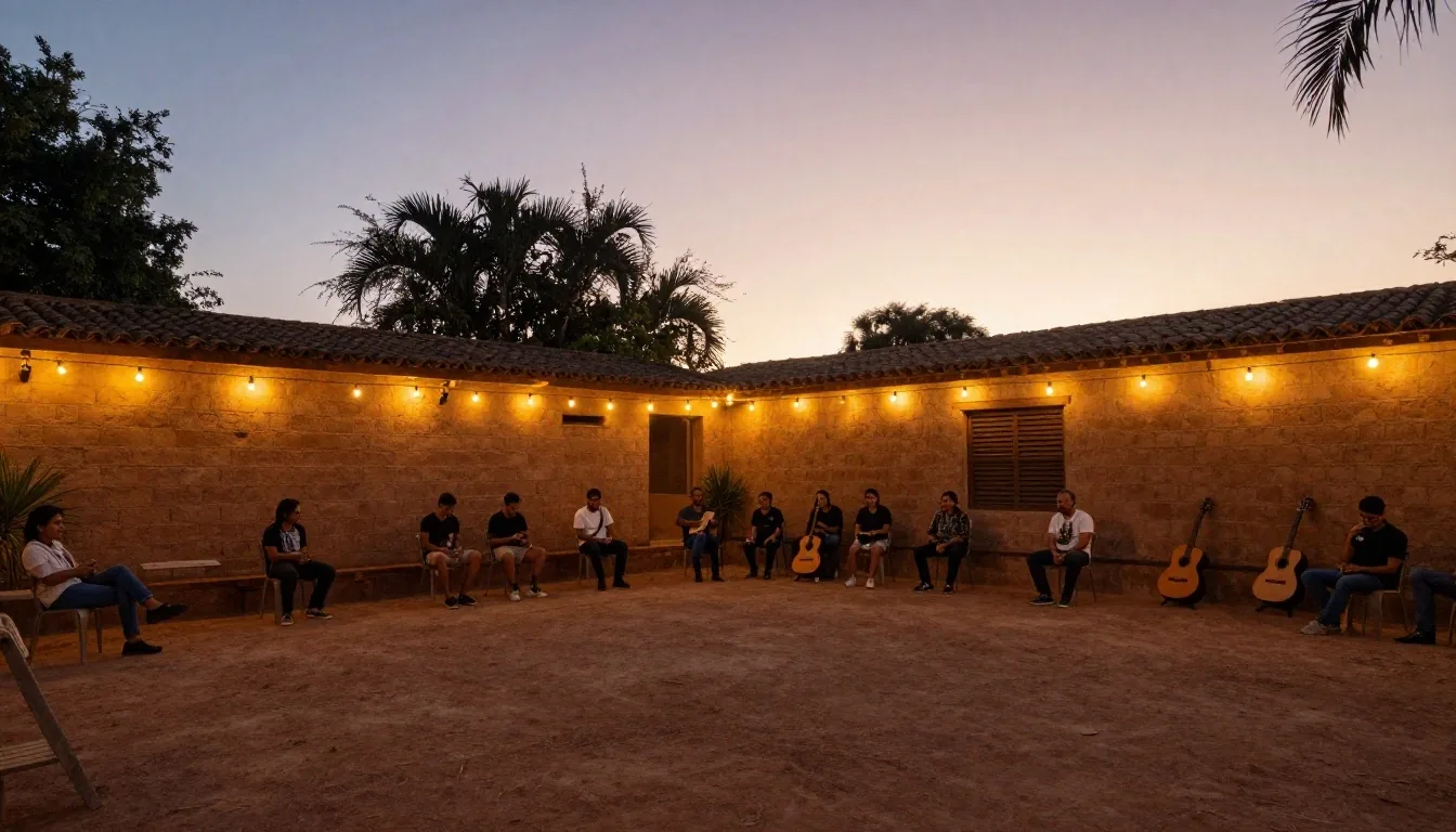 Patio de fiesta en Corrientes al atardecer con músicos de chamamé