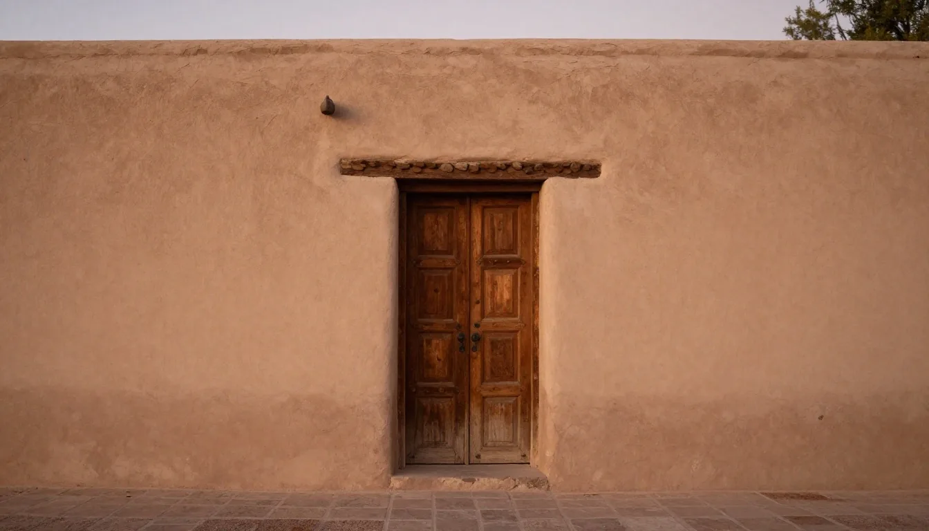 Puerta de capilla de adobe al atardecer