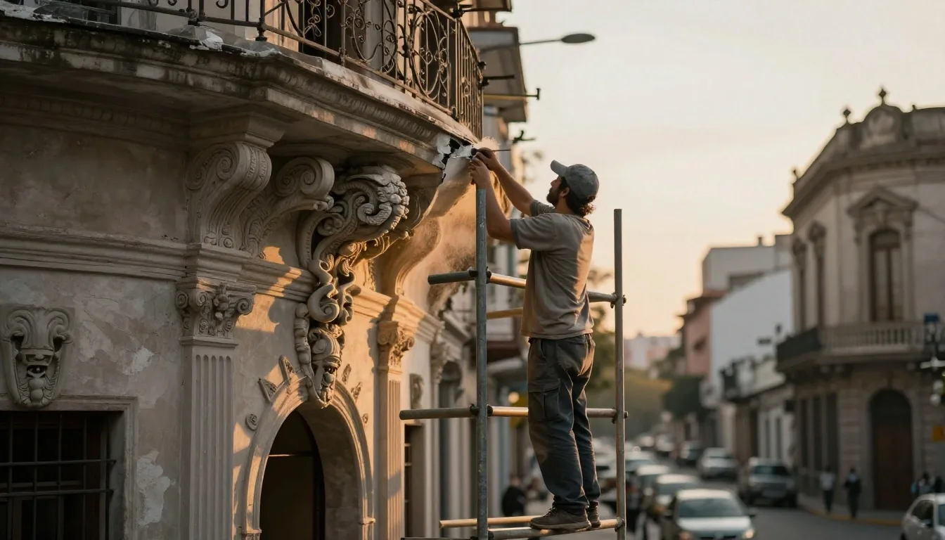 Restaurador trabajando en una fachada histórica de Buenos Aires