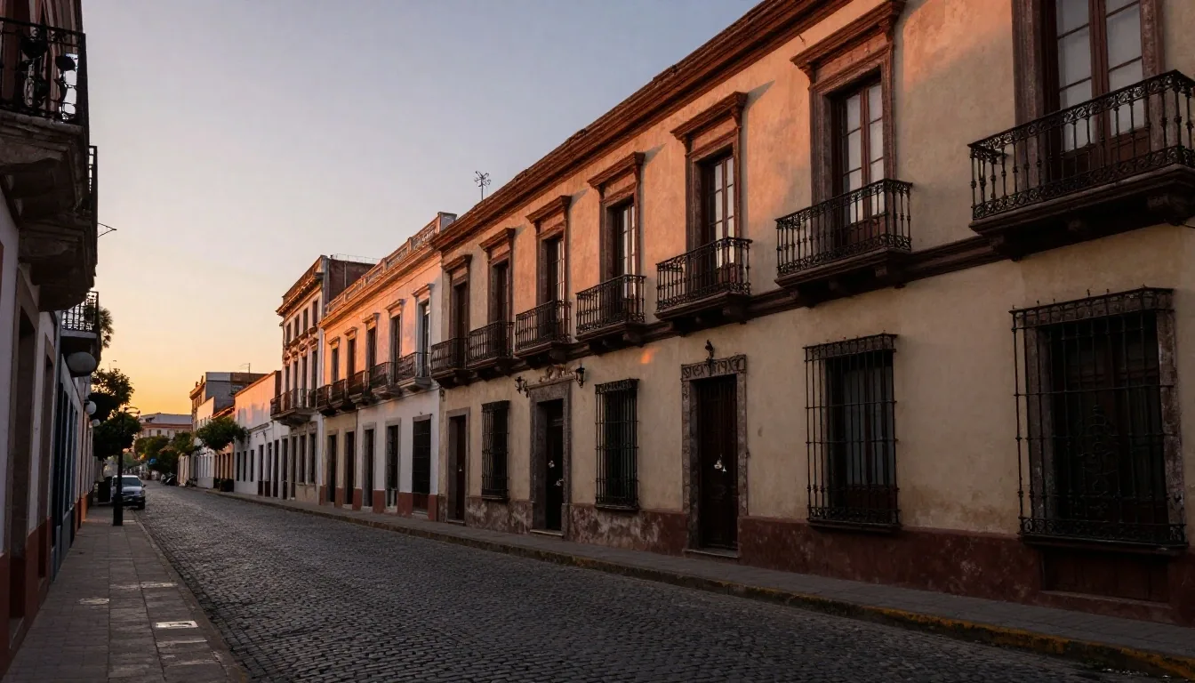 Calle empedrada de San Telmo al atardecer